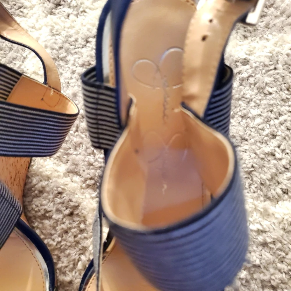 Navy Blue Striped Wedge Sandals